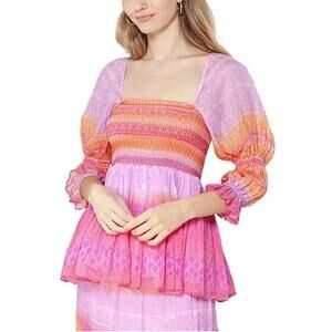 Hale Bob Brittany Smocked Embroidered Pink Peplum Blouse Boho XS